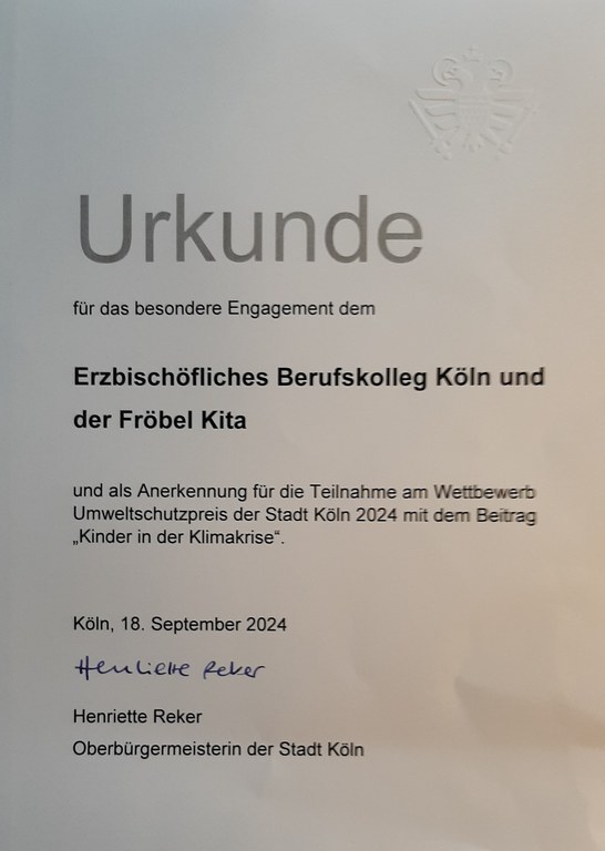 Certificate of City of Cologne Environmental Award 2024