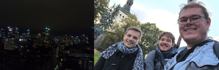 Links: Warschau bei Nacht Rechts: Patrick, Patrick und Simon in Tallinn.