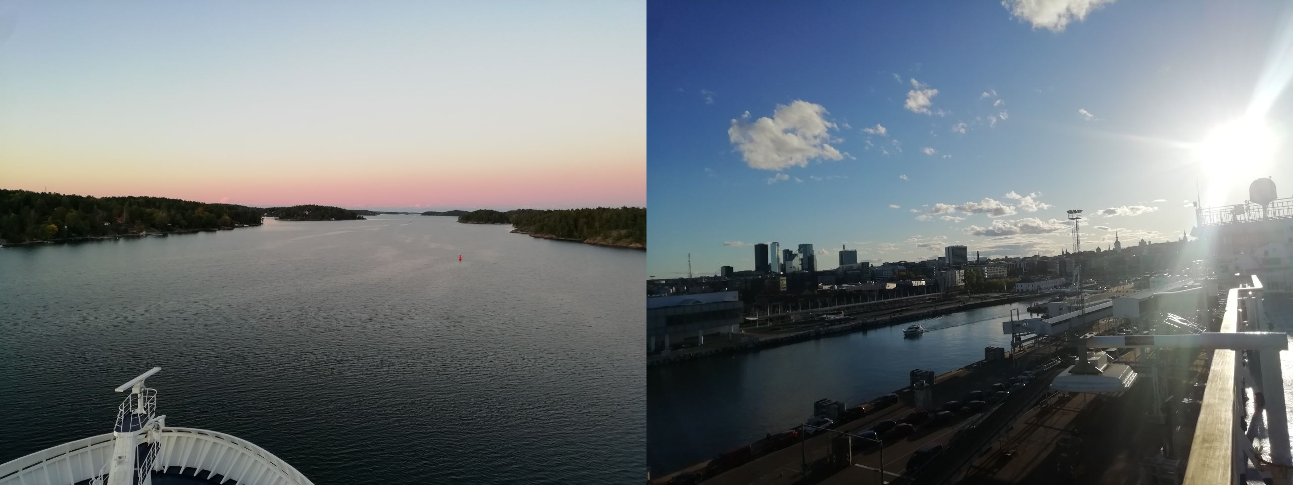 Links: Sonnenuntergang über den Schäreninseln.  Rechts: Einfahrt in den Tallinner Hafen. Zu sehen sind die gläsernen Hochhäuser des „neuen Tallinn“ ebenso wie die Kirchtürme in der sehenswerten Altstadt.